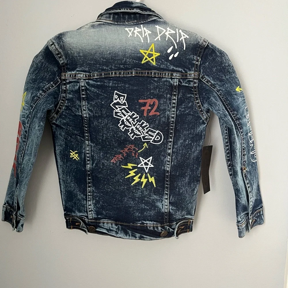Blue‎ Jean Jacket with Distressed Look and Colorful Embellishments